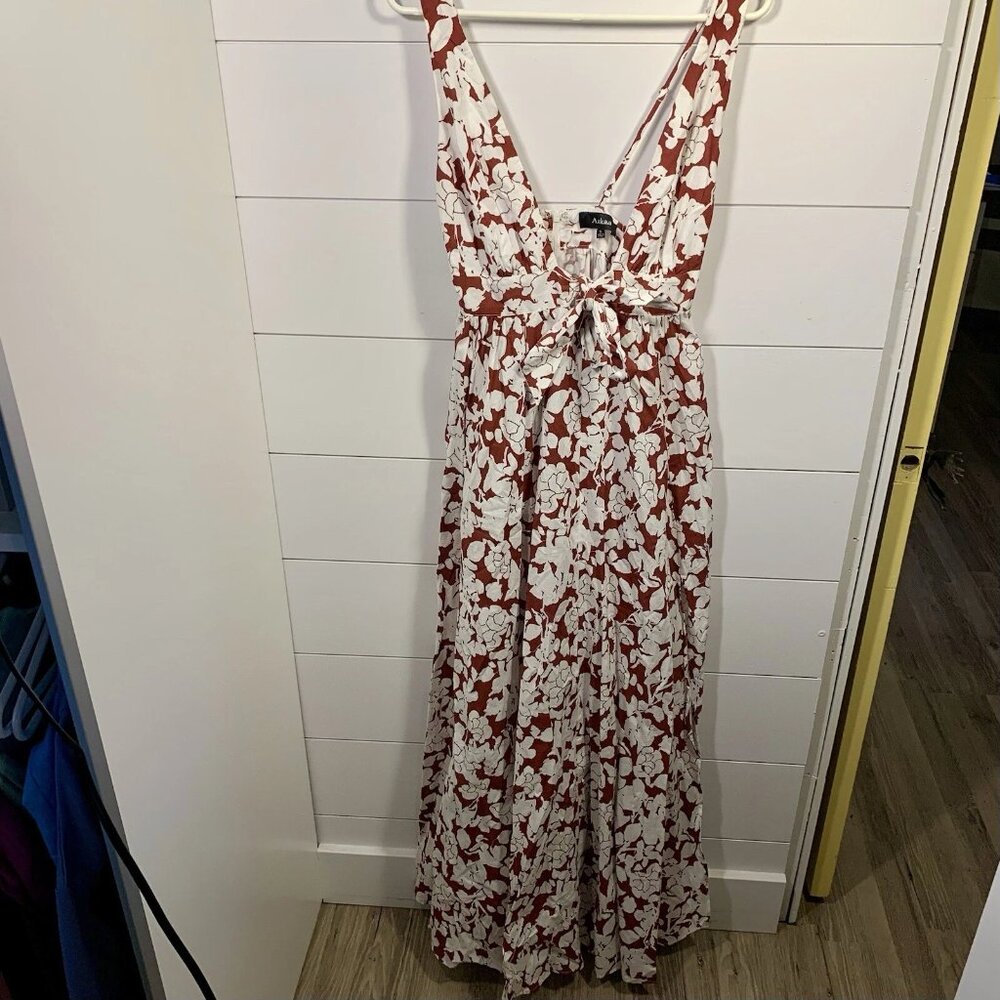 Aakaa Floral Maxi Dress Women Sz S Reddish Brown & White Fall Boho